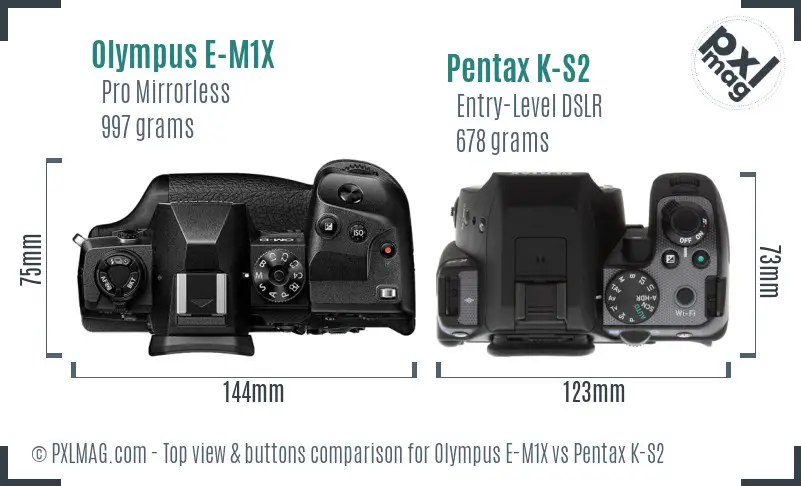 Olympus E-M1X vs Pentax K-S2 top view buttons comparison