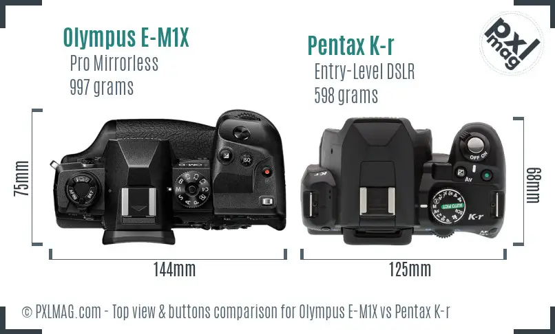 Olympus E-M1X vs Pentax K-r top view buttons comparison
