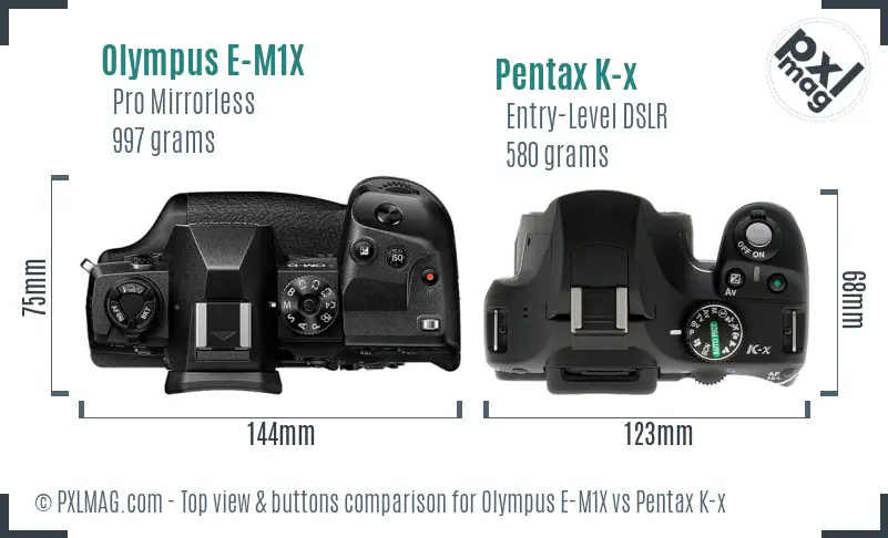 Olympus E-M1X vs Pentax K-x top view buttons comparison