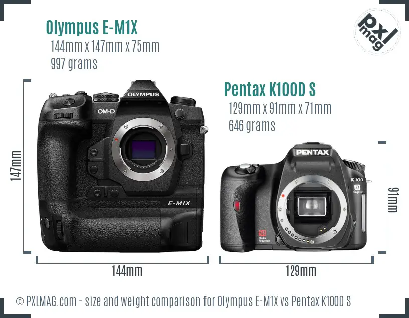 Olympus E-M1X vs Pentax K100D S size comparison