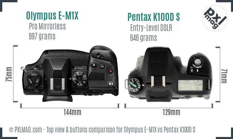 Olympus E-M1X vs Pentax K100D S top view buttons comparison