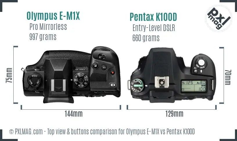 Olympus E-M1X vs Pentax K100D top view buttons comparison