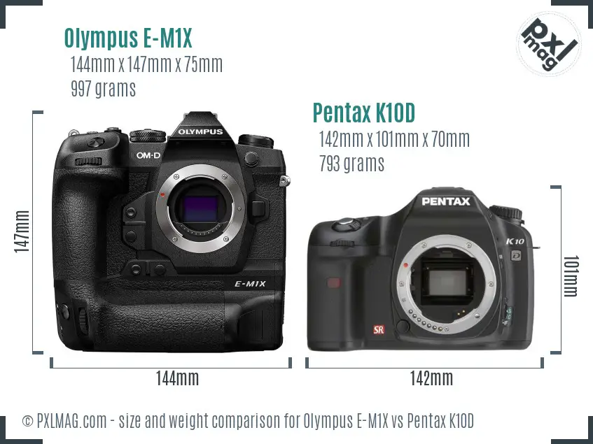 Olympus E-M1X vs Pentax K10D size comparison