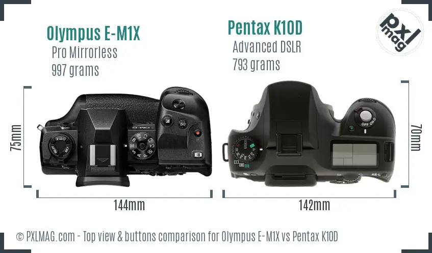 Olympus E-M1X vs Pentax K10D top view buttons comparison