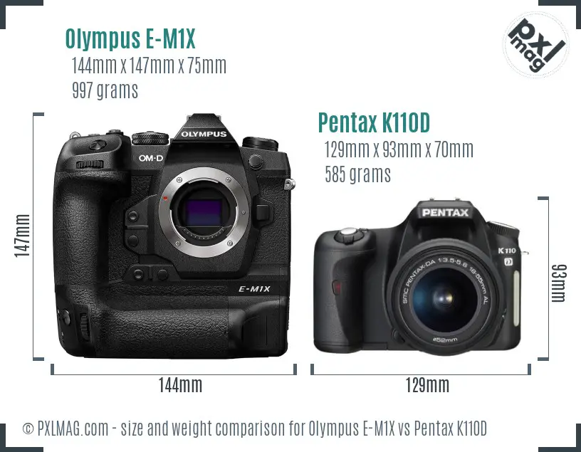 Olympus E-M1X vs Pentax K110D size comparison