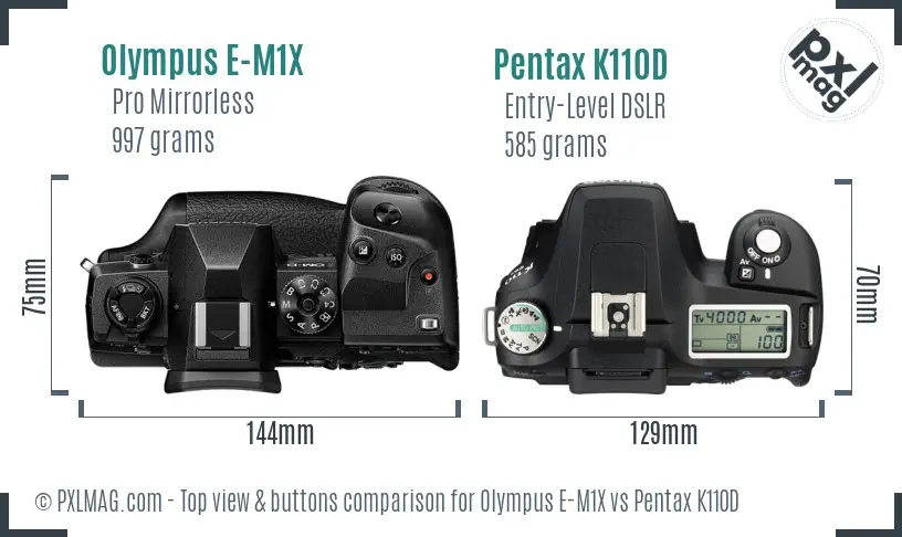 Olympus E-M1X vs Pentax K110D top view buttons comparison
