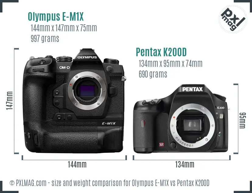 Olympus E-M1X vs Pentax K200D size comparison