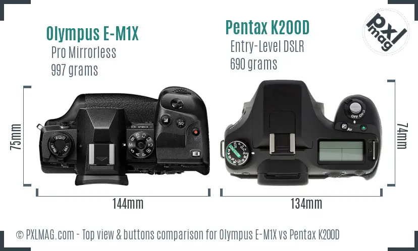 Olympus E-M1X vs Pentax K200D top view buttons comparison