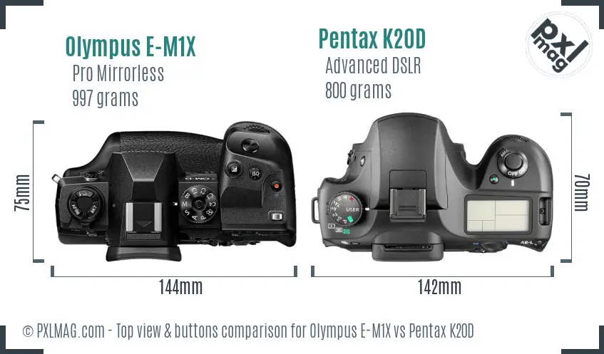 Olympus E-M1X vs Pentax K20D top view buttons comparison