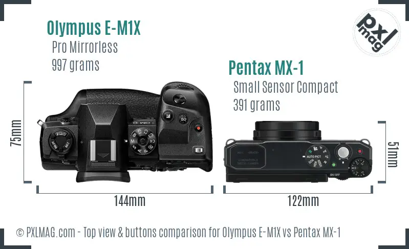 Olympus E-M1X vs Pentax MX-1 top view buttons comparison