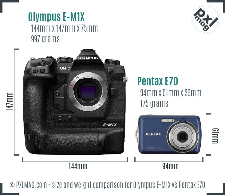Olympus E-M1X vs Pentax E70 size comparison