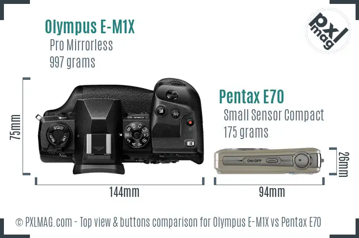 Olympus E-M1X vs Pentax E70 top view buttons comparison