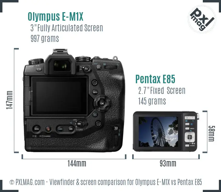 Olympus E-M1X vs Pentax E85 Screen and Viewfinder comparison