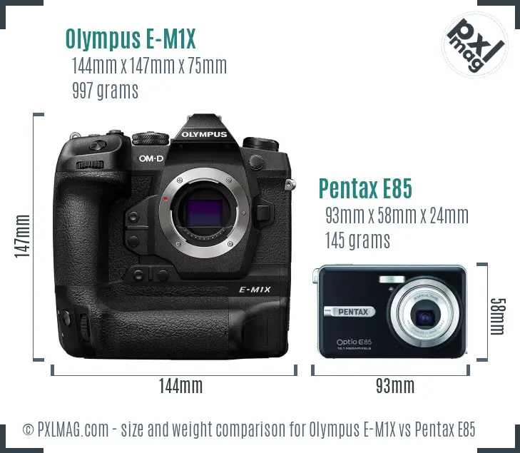 Olympus E-M1X vs Pentax E85 size comparison
