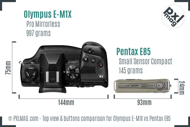 Olympus E-M1X vs Pentax E85 top view buttons comparison