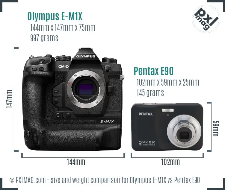 Olympus E-M1X vs Pentax E90 size comparison
