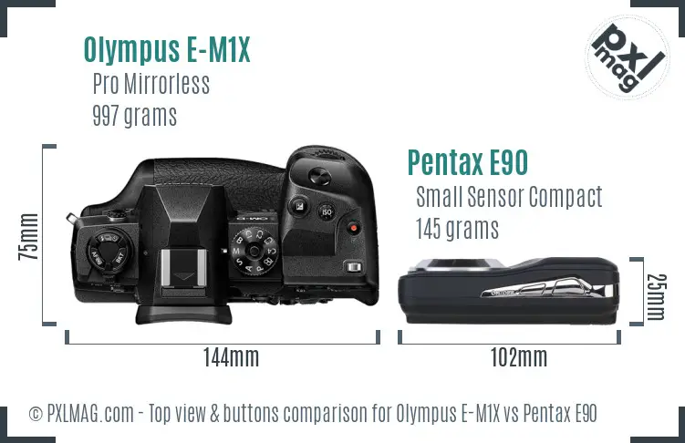 Olympus E-M1X vs Pentax E90 top view buttons comparison