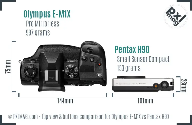 Olympus E-M1X vs Pentax H90 top view buttons comparison