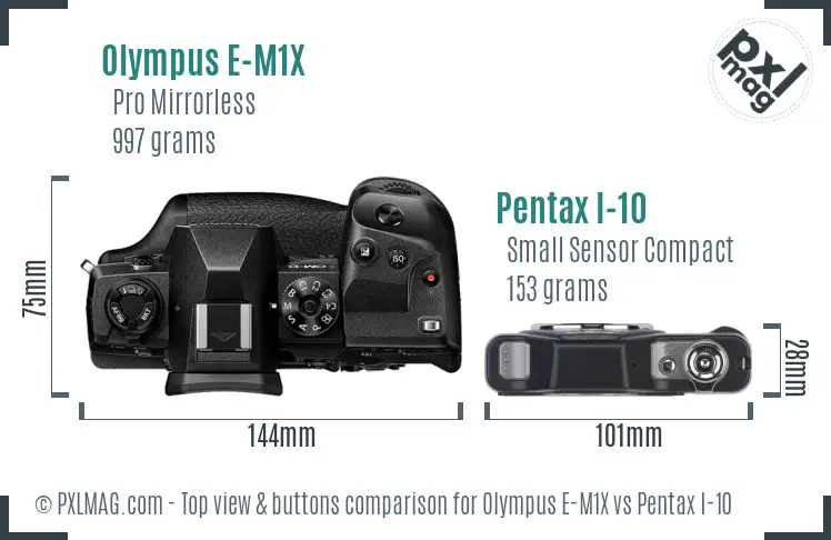 Olympus E-M1X vs Pentax I-10 top view buttons comparison