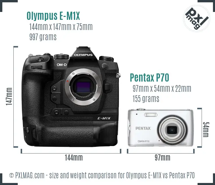 Olympus E-M1X vs Pentax P70 size comparison
