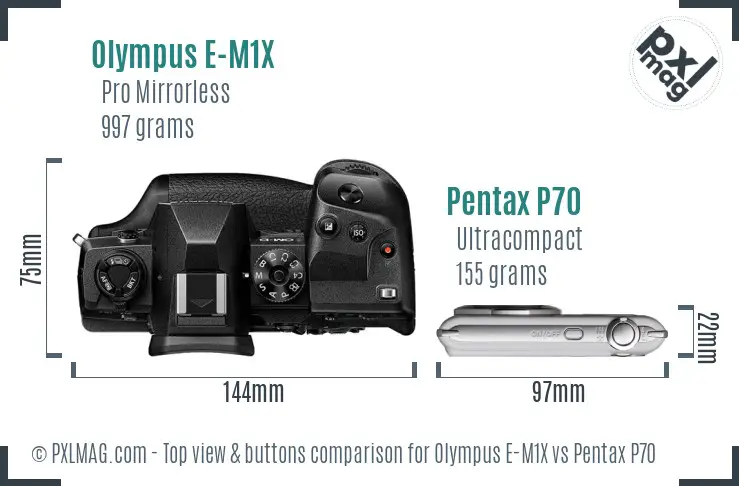 Olympus E-M1X vs Pentax P70 top view buttons comparison