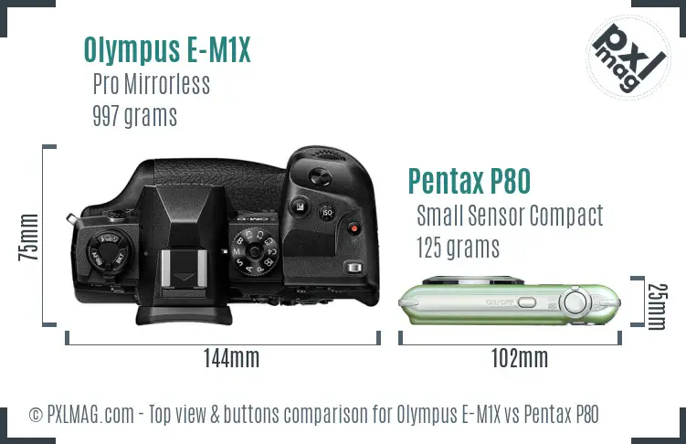 Olympus E-M1X vs Pentax P80 top view buttons comparison