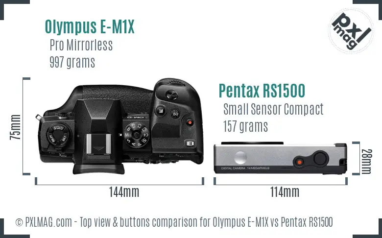 Olympus E-M1X vs Pentax RS1500 top view buttons comparison