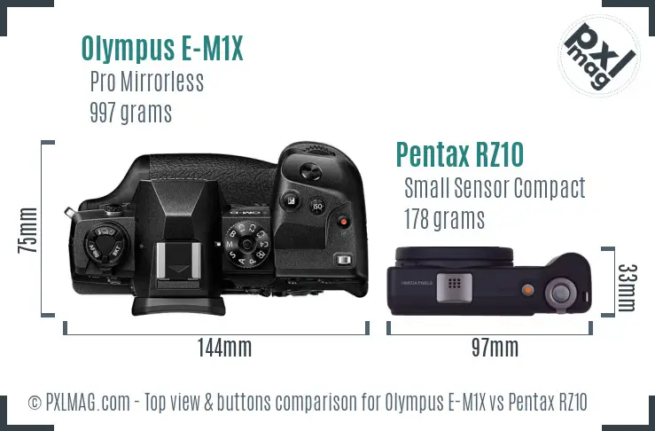 Olympus E-M1X vs Pentax RZ10 top view buttons comparison