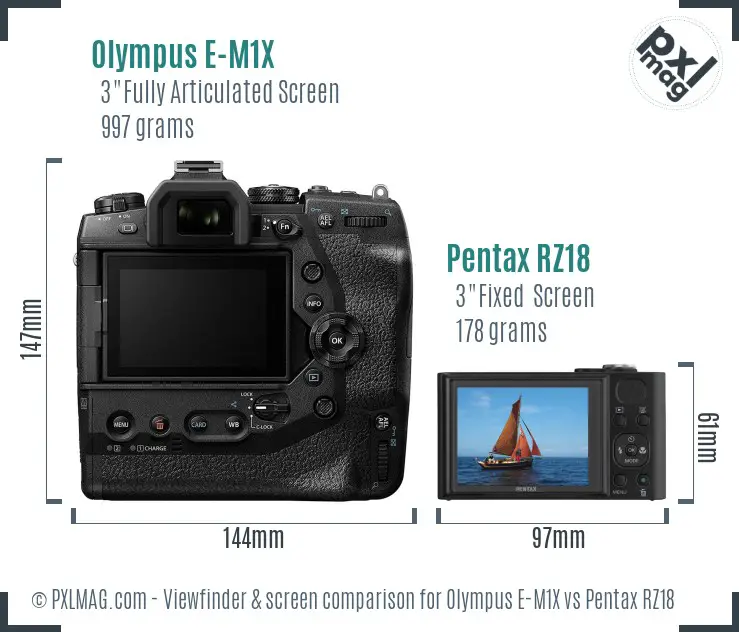 Olympus E-M1X vs Pentax RZ18 Screen and Viewfinder comparison