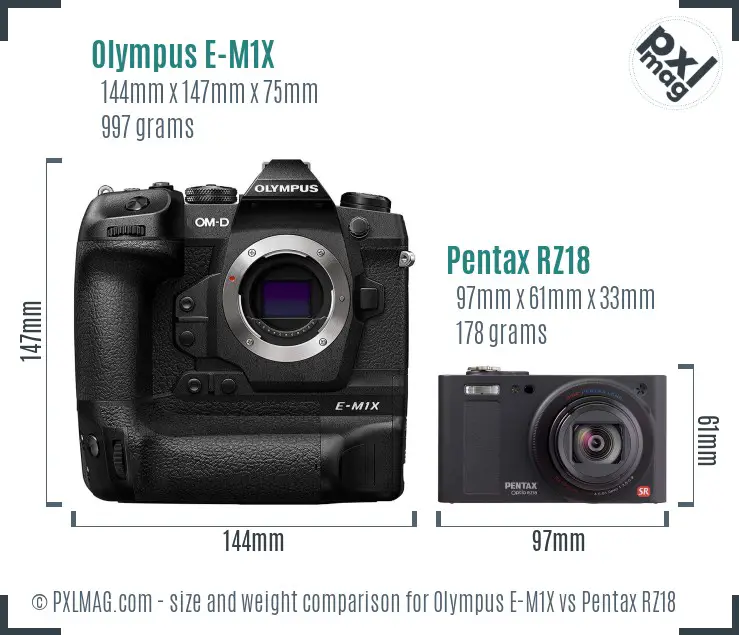 Olympus E-M1X vs Pentax RZ18 size comparison