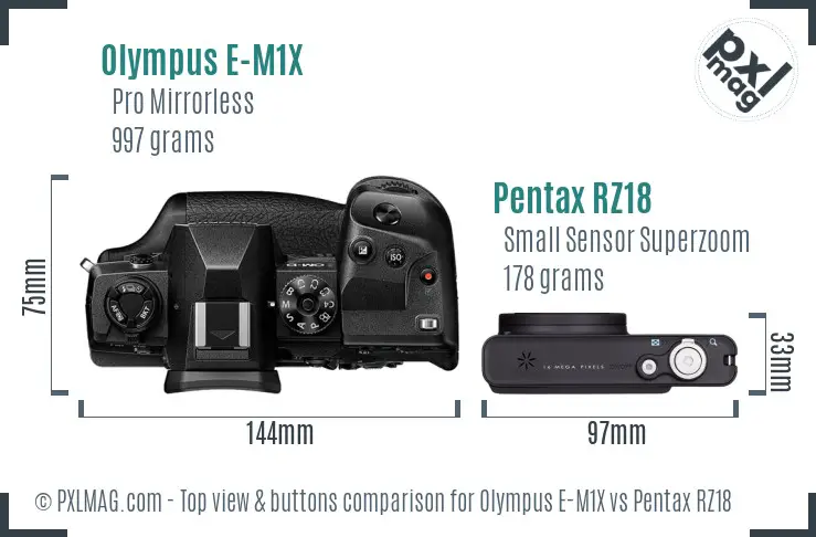 Olympus E-M1X vs Pentax RZ18 top view buttons comparison