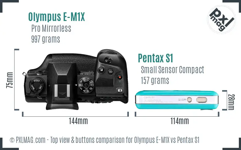 Olympus E-M1X vs Pentax S1 top view buttons comparison
