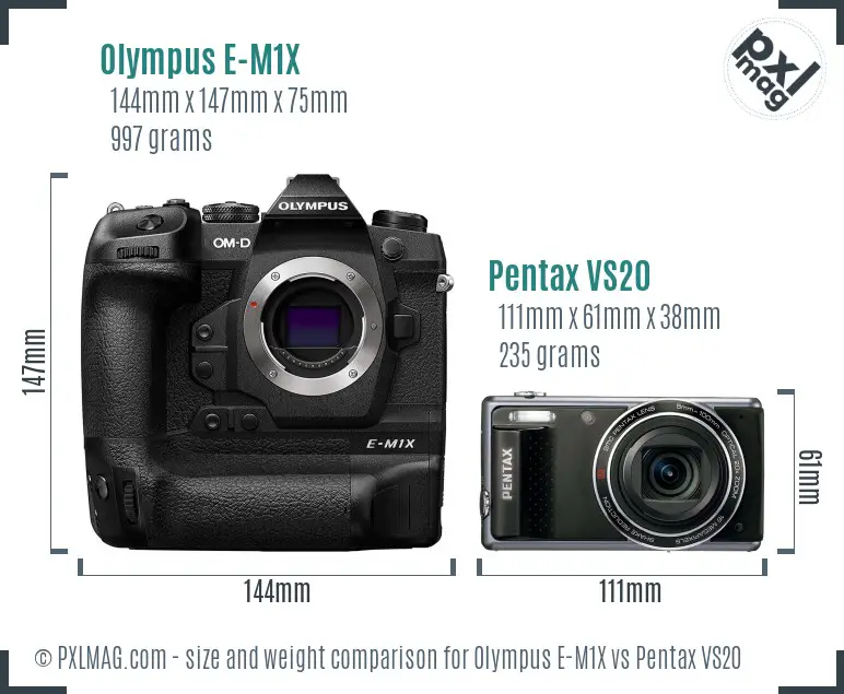 Olympus E-M1X vs Pentax VS20 size comparison