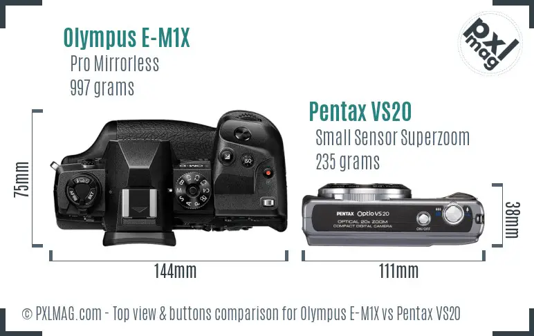 Olympus E-M1X vs Pentax VS20 top view buttons comparison