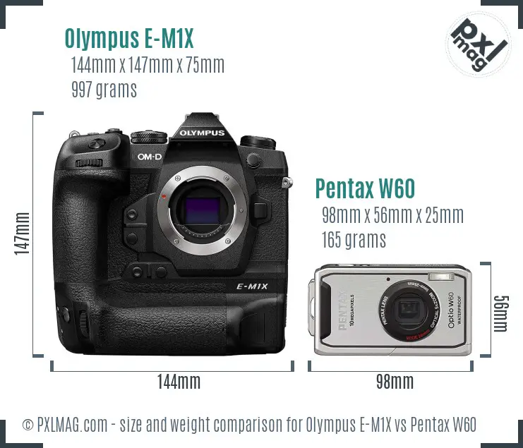 Olympus E-M1X vs Pentax W60 size comparison