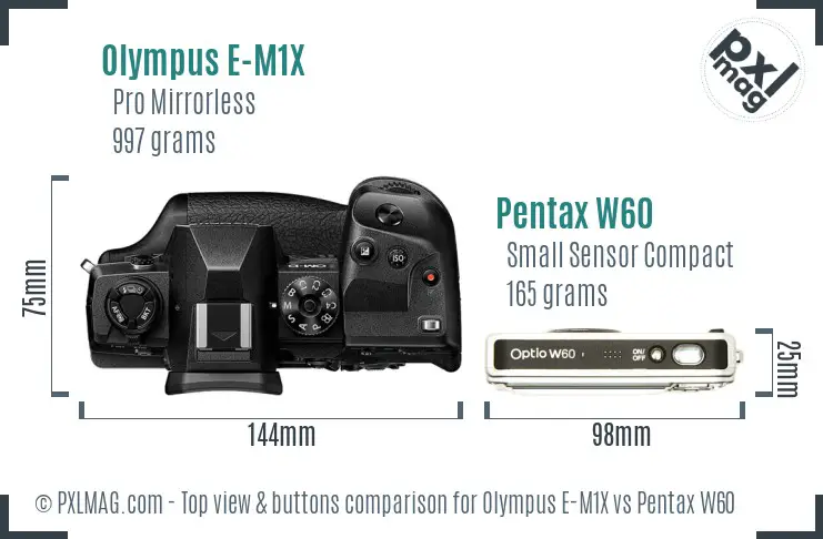 Olympus E-M1X vs Pentax W60 top view buttons comparison