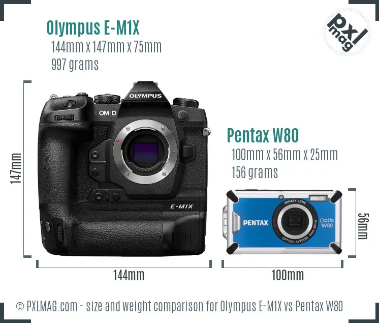 Olympus E-M1X vs Pentax W80 size comparison