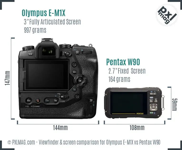 Olympus E-M1X vs Pentax W90 Screen and Viewfinder comparison