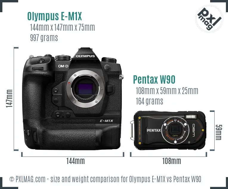 Olympus E-M1X vs Pentax W90 size comparison