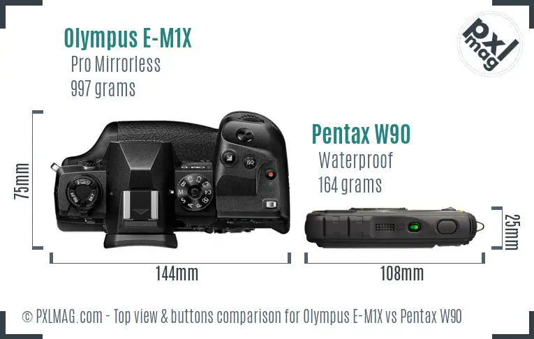 Olympus E-M1X vs Pentax W90 top view buttons comparison