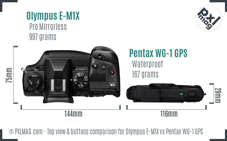 Olympus E-M1X vs Pentax WG-1 GPS top view buttons comparison