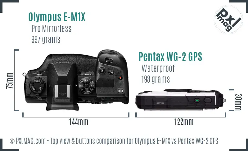 Olympus E-M1X vs Pentax WG-2 GPS top view buttons comparison
