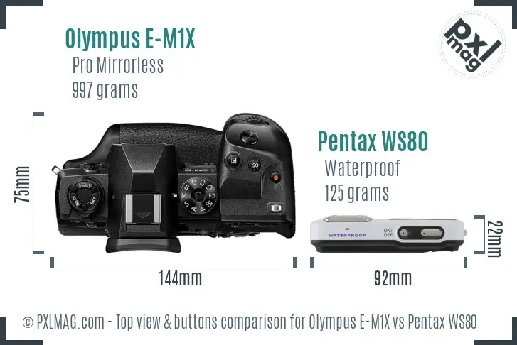 Olympus E-M1X vs Pentax WS80 top view buttons comparison