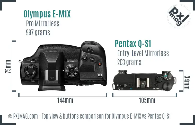 Olympus E-M1X vs Pentax Q-S1 top view buttons comparison