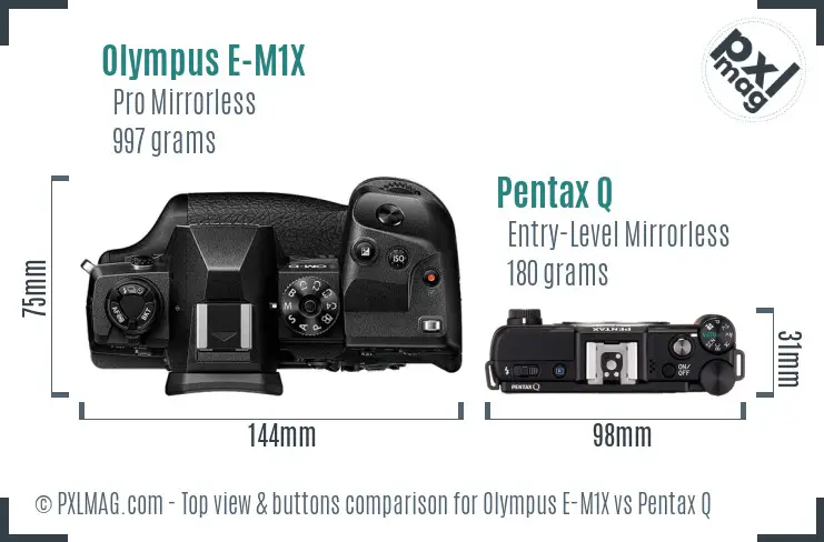 Olympus E-M1X vs Pentax Q top view buttons comparison