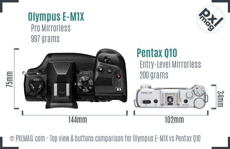 Olympus E-M1X vs Pentax Q10 top view buttons comparison