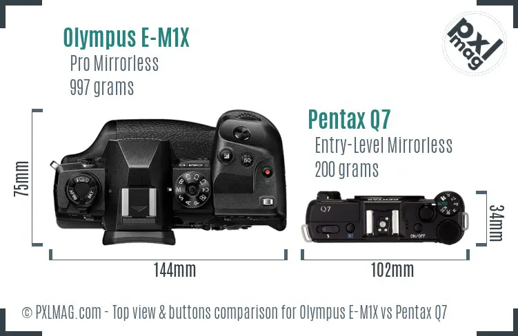 Olympus E-M1X vs Pentax Q7 top view buttons comparison