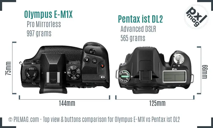 Olympus E-M1X vs Pentax ist DL2 top view buttons comparison