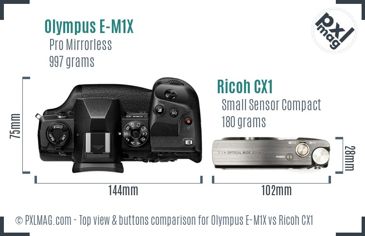 Olympus E-M1X vs Ricoh CX1 top view buttons comparison