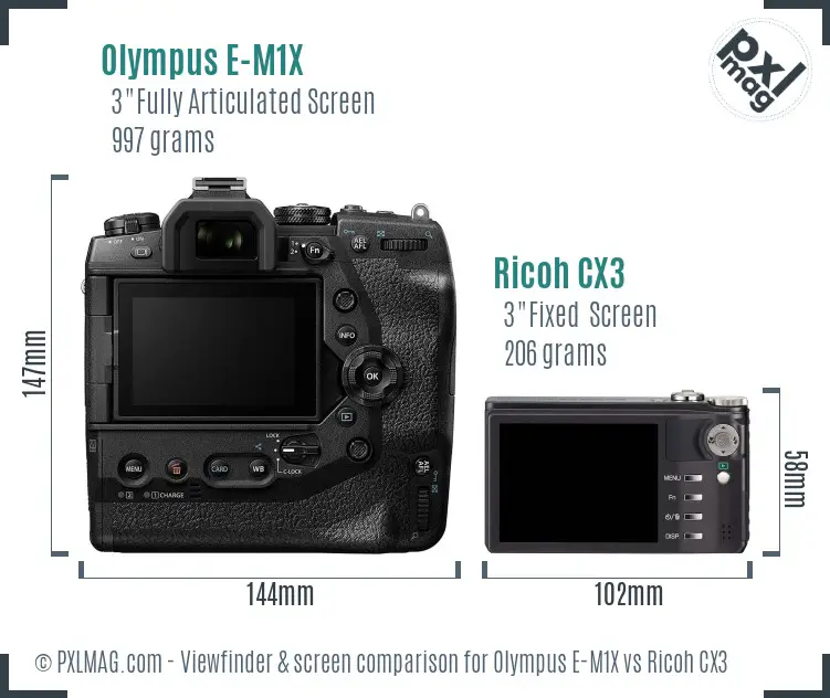 Olympus E-M1X vs Ricoh CX3 Screen and Viewfinder comparison Olympus E-M1X vs Ricoh CX3 Screen and Viewfinder comparison